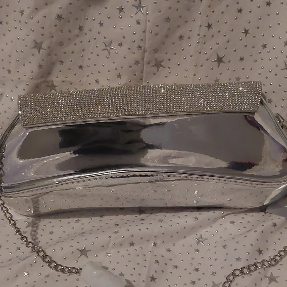 Nina Crystal Flap Mirror Metallic Patent Clutch Bag - Silver - Picture 6 of 8